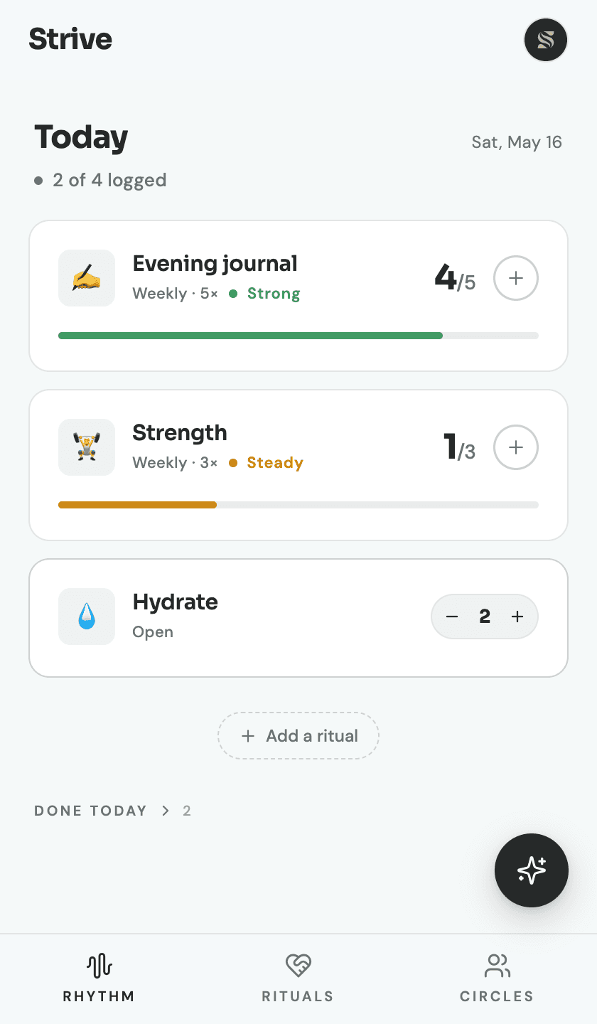 Strive Rhythm screen showing today's rituals at a glance